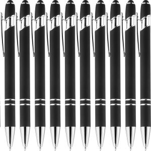 12 Pack Black Silver Ballpoint Pen with Stylus Tip, 1.0 mm Black Ink Smooth Writing Pens, Metal Stylus Pens for Touch Screens