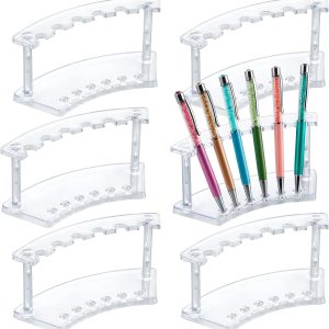 Plastic pen holder with transparent pen rack