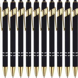 12 Pack Black Gold Ballpoint Pen with Stylus Tip, 1.0 mm Black Ink Smooth Writing Pens, Metal Stylus Pens for Touch Screens