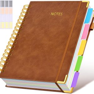 Hardcover Spiral Notebook Journal with Removable Dividers Tabs, 300 Pages Leather 5 Subject Notebook College Ruled, 8"x10" Large B5 Notebooks for Work School, Lined Journal for Men, Light Brown