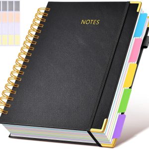 Hardcover Spiral Notebook journal with Removable Dividers Tabs, 300 Pages Leather 5 Subject Notebook College Ruled, 8"x10" Large B5 Notebooks for Work School Note taking, Lined Journal for Women,Black